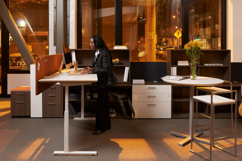 Women with a standing desk in downtown Seattle